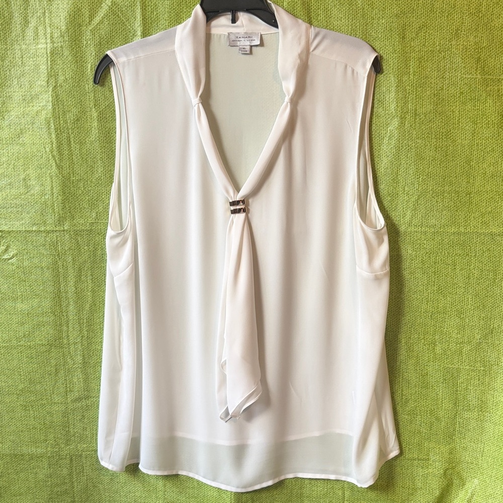 Tahari White Sleeveless Blouse with Elegant Tie